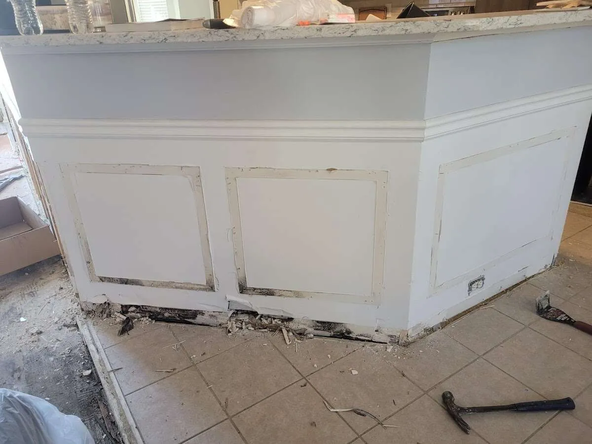 Water damage and mold on kitchen during Sewage Cleanup & Sanitation in Thornbury